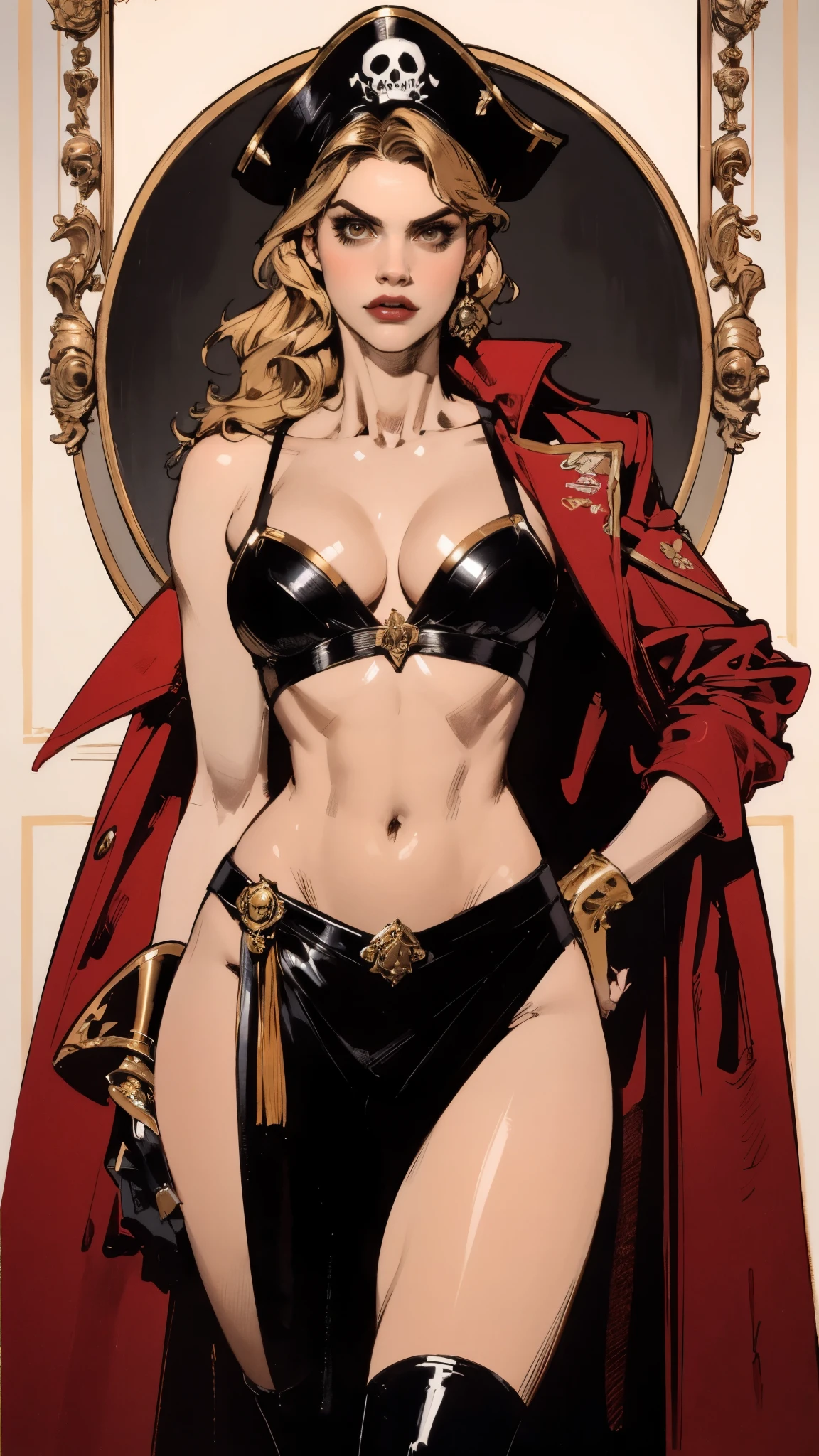 ((BLACK BACKGROUND,1:2, masterpiece)), full body MILF BIMBO standing with two long thighs and two metal sandals, red eyes, silver white hair, short bob style hair, big breasts, cleavage, separate sleeves, tiara royal, long cape up to two feet, yellow bikini, hands on waist, navel, lustful smirking smiling, smile face (red blushed, red cheeks), metal shoulders, gold sleeveless armbands, black leather choker slave collar, shackle bracelets, sex slave red crest, pauldrons, breastplate, corset, eye focus, full body, whole body. 1solo . slave fighter, loincloth standing, hands on hips, metal sandals, backpack, choker, big belt, view from below, feet together, bracers, tiara
