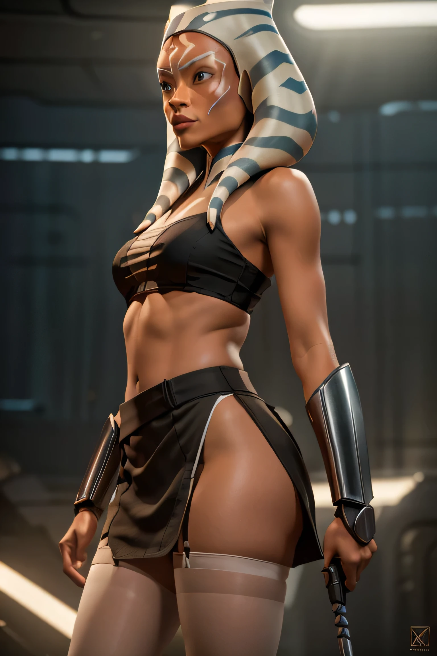 (master part), (best quality), (high resolution) , (ray tracing),  Ahsoka Tano, adolescent,Perfect Anatomia , padawan clothes, Red sheer panties, tube top, diaphragm, miniskirt, white pantyhose