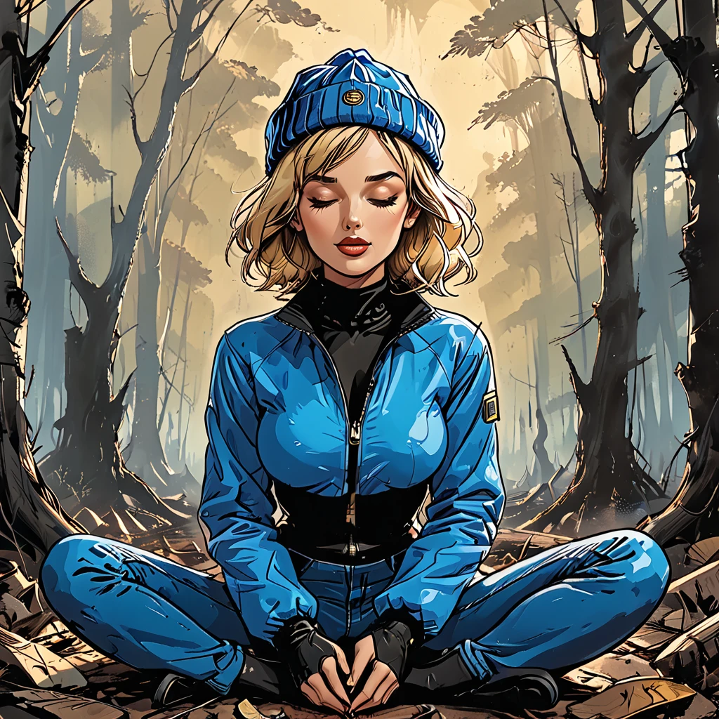 (((open mouth))), (fullbody), lotus pose,tropical green background, palm, tropical forest,((girl in Blue zipped up down winter jacket and black turtleneck )) and (jeans) and blue gloves and (((blue winter hat)))) in a lotus pose, adult, [Nordic], Hourglass elongated fitness body, perfect Olive skin, Oval Face, Long neck, Rounded shoulders, perfect hand, Attached Pointed ears, round forehead, (Short blonde Waves pixie hair), snub nose, Arched eyebrows, ((closed Eyes)), High Round Narrow cheekbones, Dimpled Cheeks, Rounded Chin, Rounded Jawline, Full nude Lips, (closed eyes), Nude Makeup Look, long eyelashes, third breast size, long slim fitness legs, graphic style of novel comics, perfect hands, 2d, 8k, hyperrealism, masterpiece, high resolution, best quality, ultra-detailed, super realistic, Hyperrealistic art, high-quality, ultra high res, highest detailed, lot of details, Extremely high-resolution details, incredibly lifelike, colourful, soft cinematic light,