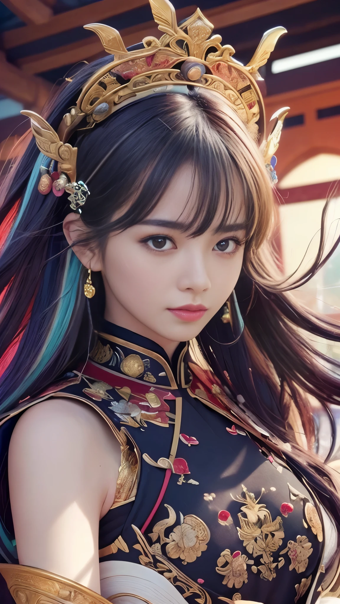 (masterpiece, Highest quality, Highest quality, Highest Resolution、Official Art, beautifully、aesthetic:1.2),  Very detailed,colorful,Most detailed,night、深night、Degrees of Freedom:1.8、8k、Anatomically correct , (Shiny skin), (Many colors:1.4), beautiful、Japanese、ancient China、Onmyoji、Small waist:1.3、Realistic textured face and skin、(Perfect Anatomy)、beautiful、Detailed eyes、Rainbow Hair、realism、Realistic、Photorealistic、Raw photo、超A high  resolution  、SLR、Octane Rendering、Absurd、unrealistic、Surreal、Dynamic composition、Red Effect、