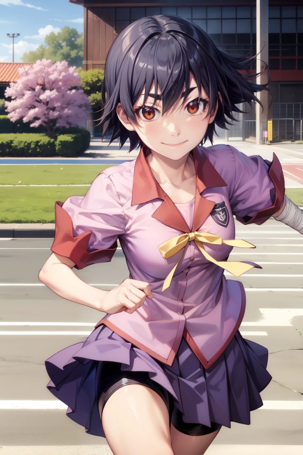 anime、animeスタイル、anime塗り、masterpiece、Highest quality、High resolution、Detailed face、Bakemonogatari、One woman、solo、((Running at full speed、Uplifting))、Thighs、bandage、Bike Shorts、Naoetsu High School uniform、Pink Shirt、Purple Skirt、Kanbarusuruga、Kambara Suruga、smile、short hair、Mid-chest、Brown eyes、smile、Cowboy Shots、School grounds、Simple Background、Blur the background