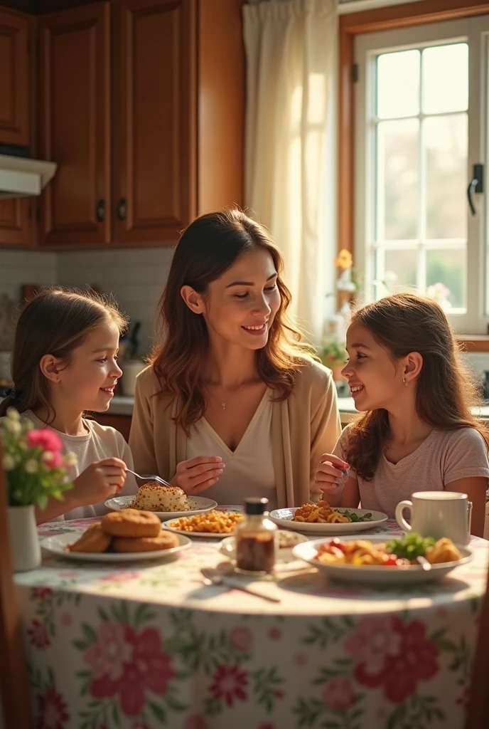 The dancer tells a story to her two children at the table, eating much more animatedly.
