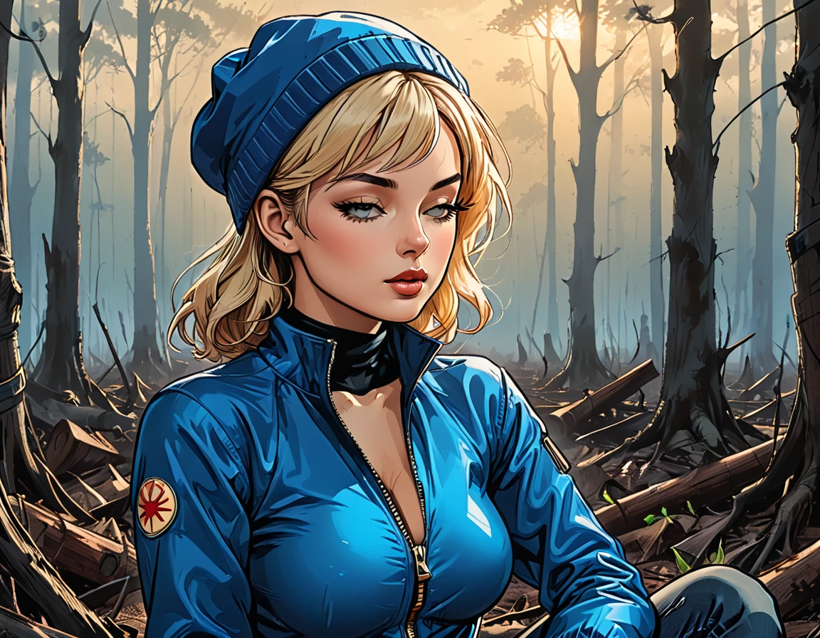 ((((profile angele)))),(((open mouth))), ((profile close-up portrait girl in Blue zipped up down winter jacket and black turtleneck )) and (jeans) and blue gloves and (((blue winter hat)))) in a lotus pose in dead forest, forest after a fire, black dead trees, no leaves, adult, [Nordic], Hourglass elongated fitness body, perfect Olive skin, Oval Face, Long neck, Rounded shoulders, perfect hand, Attached Pointed ears, round forehead, (Short blonde Waves pixie hair), snub nose, Arched eyebrows, ((closed Eyes)), High Round Narrow cheekbones, Dimpled Cheeks, Rounded Chin, Rounded Jawline, Full nude Lips, (closed eyes), Nude Makeup Look, long eyelashes, third breast size, long slim fitness legs, graphic style of novel comics, perfect hands, 2d, 8k, hyperrealism, masterpiece, high resolution, best quality, ultra-detailed, super realistic, Hyperrealistic art, high-quality, ultra high res, highest detailed, lot of details, Extremely high-resolution details, incredibly lifelike, colourful, soft cinematic light,