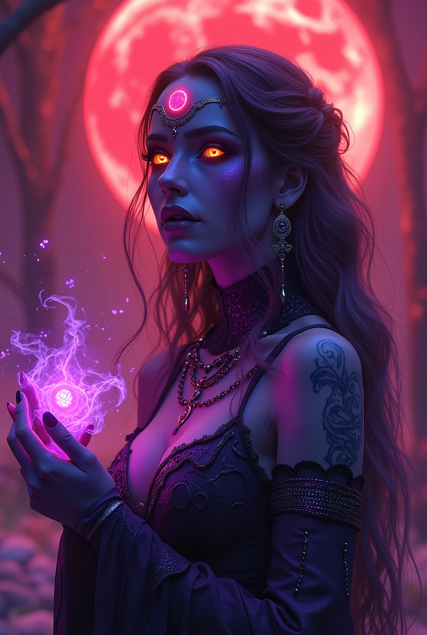 Fazer imagem de uma personagem tiefling feiticeira de d&d, purple skin, with a scar on her face, longye hair, fire colored eyes, infernal aura and frightening appearance with a silver necklace with a small pink pearl, a dark blue strapless dress