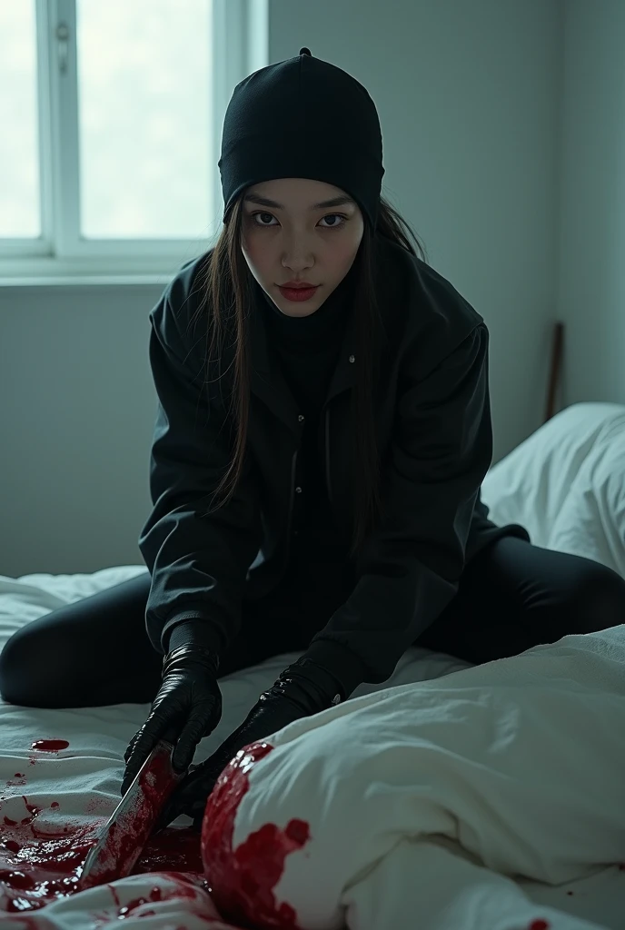 korean girl, (behind corpse, balaclava), holding knife, stabbing, black gloves, room full of blood, black raincoat, 20 years old girl, big tits, glamorous, hood up, holding knife, black gloves, behind corpse, looking at viewer, blood splatter, bondage, bed room, black wet suit, night, mass murderer, killer, robbery, dark atmosphere, cinematic lighting, atmospheric realistic, light from the window close-up,
