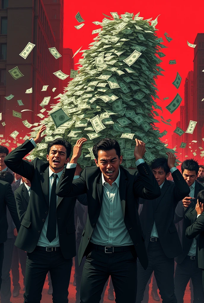 Fumio Kishida, details Fumio Kishida still realistically drawn. Fumio Kishida crushes a placard. The Japanese Prime Minister shakes hands with the devil. Japanese money is floating in the air. High resolution, high quality, photorealistic