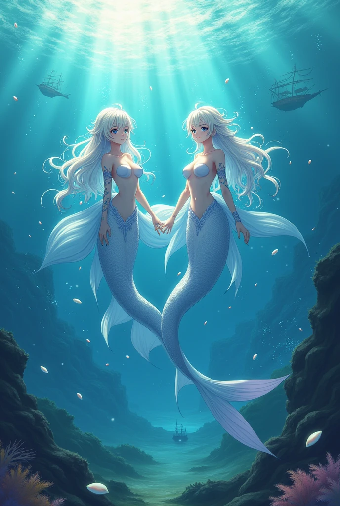 A mermaid covered entirely in a thin membrane、Highest quality、Mermaids kissing and fusing、resident evil、Horror taste、Covered by a translucent amniotic sac、Smooth clear skin and feet、born々Fresh fish fins