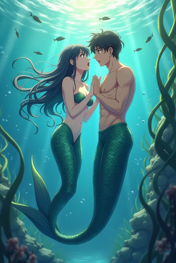 there is a man and a mermaid kissing underwater in a blue ocean, dramatic submerged, movie, underwater, screenshot of a movie, underwater, 4k movie still, 4k movie, under ocean background,poster shot, submerged, underwater photo, perfect blue, Mermaid in the ocean with fish swimming around her, beautiful mermaid, mermaid, oriental beauty,  Hinata as a mermaid, sea goddess, Asian female elemental water, a mermaid in the sea, Hinata as a mermaid, lilac eyes, white eyes, long black hair, black hair, long mermaid tail, long tail, mermaid next to an oriental man, oriental man, man like Sasuke, Sasuke, mermaid in the company of oriental man, black hair,  Man in suit and tie, inside the sea, wet clothes, seabed