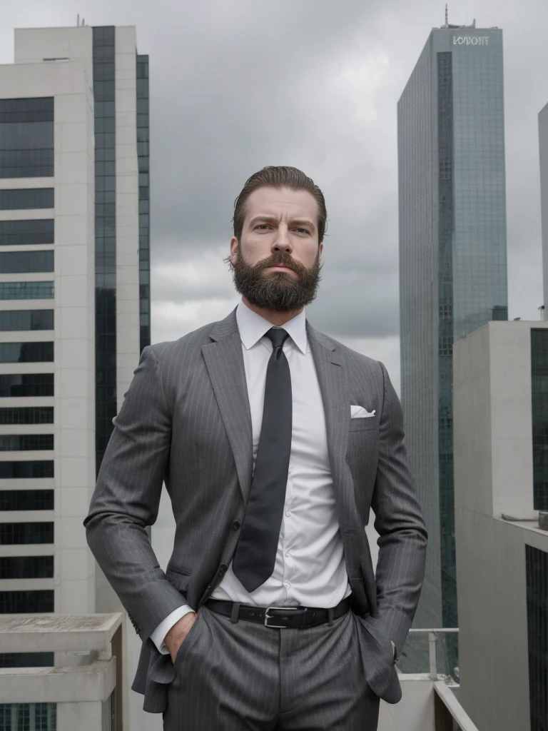 a white man, muscular, 3, with a defined beard, is posing on a rooftop of a building in the 2000s. The sky is grey and slightly cloudy, which gives a soft and cold light that highlights the details of your elegant clothing: a dark, slim-fitting suit, with a thin striped tie and shiny black leather shoes. Around it, You can see television antennas and the clean lines of minimalist buildings typical of the period. the camera, situated at a high and close angle, accurately captures his robust torso and serious face, highlighting the contrast between the polished clothes and his firm expression, while the wind slightly moves his tie.