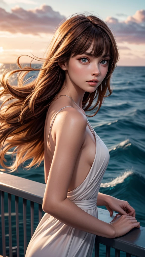 (best quality:1.2,highres:1.1), caucasian lady, elegant evening dress,beautiful detailed eyes,beautiful detailed lips,gentlewoman,black shark girl,long red hair with bangs blowing in the wind, (small breasts), mysterious atmosphere,balcony with dark and enchanting ocean background,ethereal lighting,portrait,professional,ultra-fine painting,vivid colours,bokeh,golden hour, turn around