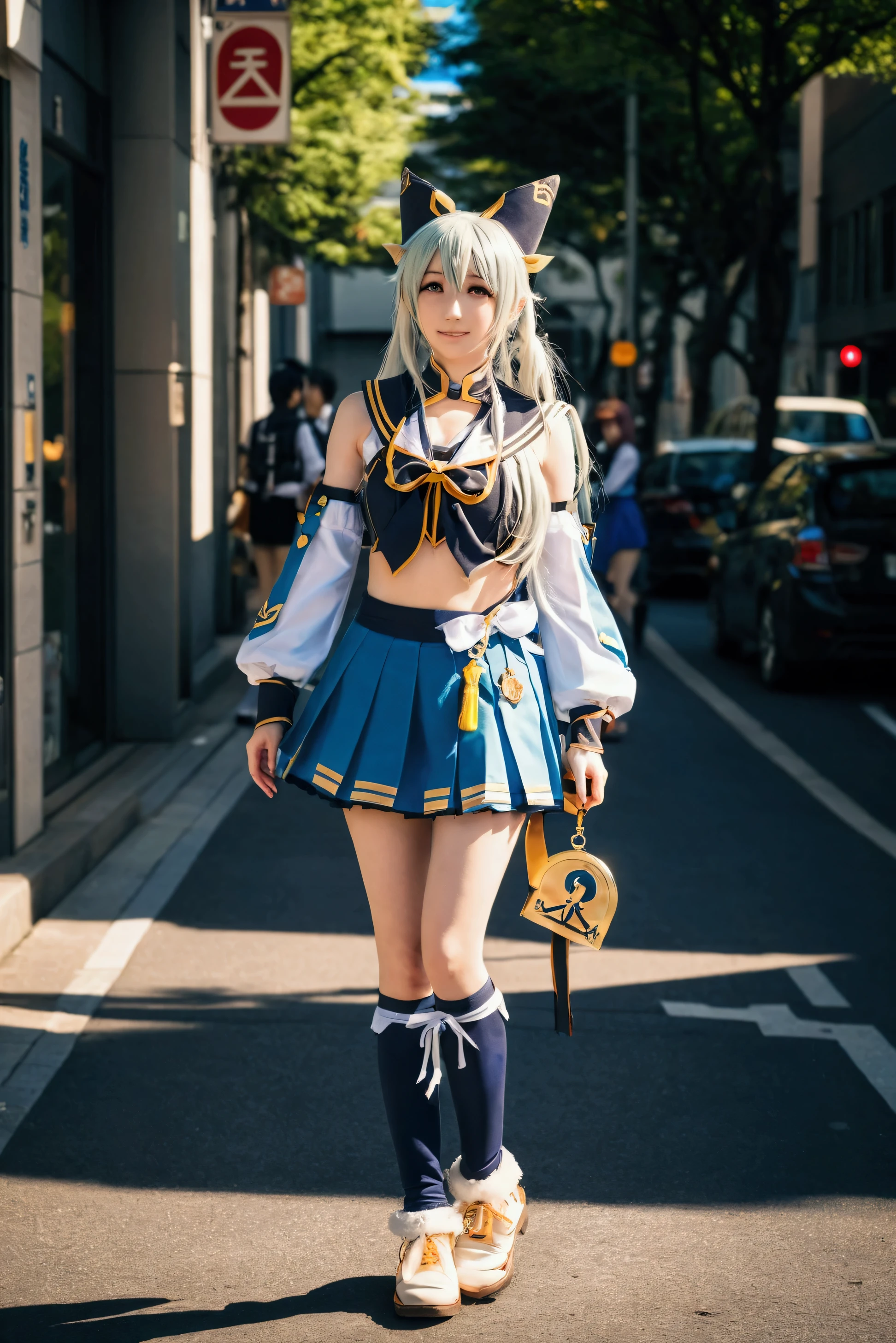 araffe dressed in a costume walking down a street, anime girl cosplay, anime cosplay, azur lane style, kantai collection style, cosplay, anime style mixed with fujifilm, costume with blue accents, cosplay photo, aqua from konosuba, cosplayer, ornate cosplay, sailor uniform, sailor moon style, rin, harajuku street fashion, tokyo fashion