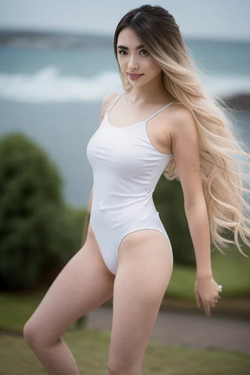 One Girl, A beautiful woman is wearing a white one-piece swimsuit,  Perfect body,  Blonde, All backgrounds are white,  Highly detailed face, Beautiful Eyes, Beautiful Lips, double eyelid, A shy smile,  Sunburned skin, Pubic Hair Tips, (Highest quality, 8k, masterpiece:1.3), Front and full body shot, Pussy Line, positive, Spread your legs，Long Wavy Wolf Hair