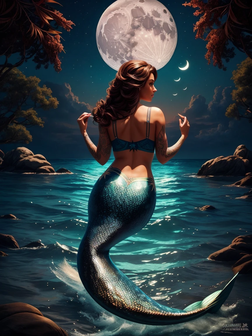 Por favor, create me a decal with a mermaid tattoo using starfish as a bra, the moon behind her and a very pretty tail.
