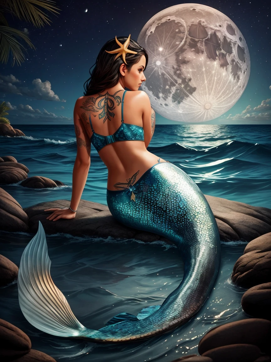 Por favor, create me a decal with a mermaid tattoo using starfish as a bra, the moon behind her and a very pretty tail.
