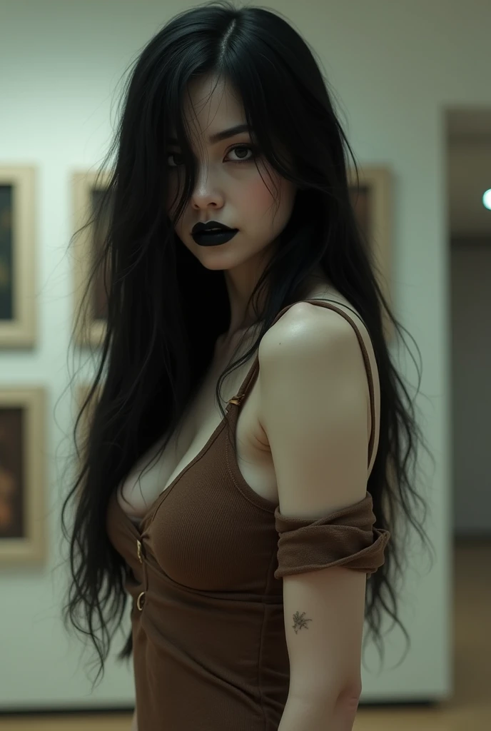 (masterpiece:1.1, Best Quality:1.1, 16K HDR, High resolution), (1girl in, Solo), Ultra-realistic portrait of Sadako Yamamura, the ring, (((Black hair, Long hair, Bangs, Long bangs over eyes))), medium breasts, medium cleavage, medium tits, medium cleavage, (full nude), Inside an abandoned hut, inside an abandoned barn, farms, Realistic skin texture, Full body shot, Perfect slim body style, (Full nude:1.1), standing, ((show me your shaved armpits)),