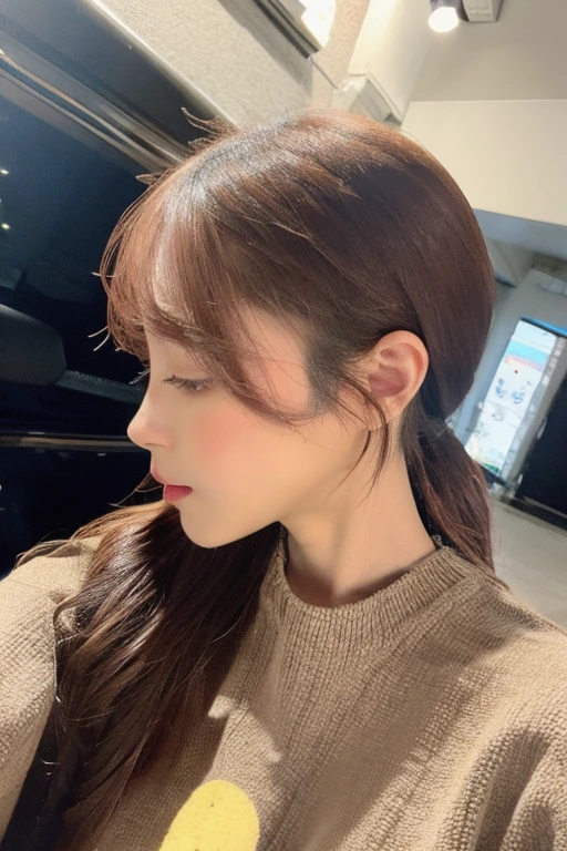 super high quality, Fashion Model, Slenderのネックレス, Slender, The staff is working at the counter in the back., (8k、RAW Photos、Highest quality、masterpiece:1.2), Stylish café, Fashion magazine photoshoot, (Realistic、Photorealistic:1.37), Beautiful Face , Mesh Hair, Urban Cafe, Golden Ratio, Raw photo, Small breasts, Bright cafe interior, Blurred Background, Summer clothes, Beauty, Cafe Terrace, Open Cafe, Photographed inside the cafe, 20-year-old, Hair blowing in the wind, Neat clothes, ponytail, Cool older sister, Stylish clothes,