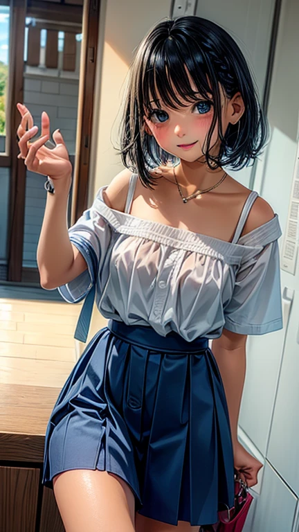 NSFW、en la calle、(Abre las piernas:1.4)、Chica kawaii,JPN,10years,Pantalla de cuerpo completo、tmasterpiece、８K、gafas, Usa una blusa camisola y una minifalda、Low angles, Skirt twist、(ceja preocupada:1.0), (Cierra los ojos:1.4), (Sighing of cross-talk:1.1), Con la mejor calidad de imagen、Chica beuaty, Cute baby turtle, A high resolution, Ultra - detallado, finedetail, El es muy detallado, Ojos y cara extremadamente detallados, pupilas afiladas, 超A high resolution, cinematic lighting、Hermosos detalles finos,Ojos y cara extremadamente detallados、Disparo de gran angular,Estudiante de primaria、(Uso a distancia:1.5), 
remoto_vibrante, (Otros sostienen la mano del interruptor:1.3)、