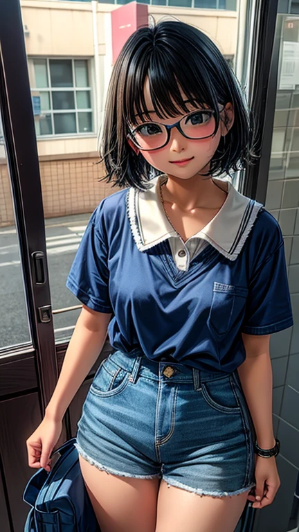 (8K、Hyper HD)On pink sheets、transparent bottom、Spread your legs、short hair, Black Hair, Curly Hair、View your viewers,high school girl,Leaning forward,(Random cute clothes),(Random Animation Pose),(Thin type),(Random hairstyle),(Best image quality, (8K), Ultra-realistic, 最high quality, high quality, High resolution, high qualityの質感, Attention to detail, Beautiful details, Fine details, Highly detailed CG, Detailed Texture, Realistic facial expressions, masterpiece, in front),(Wear glasses:1.1)、(Big Eyes:1.2)