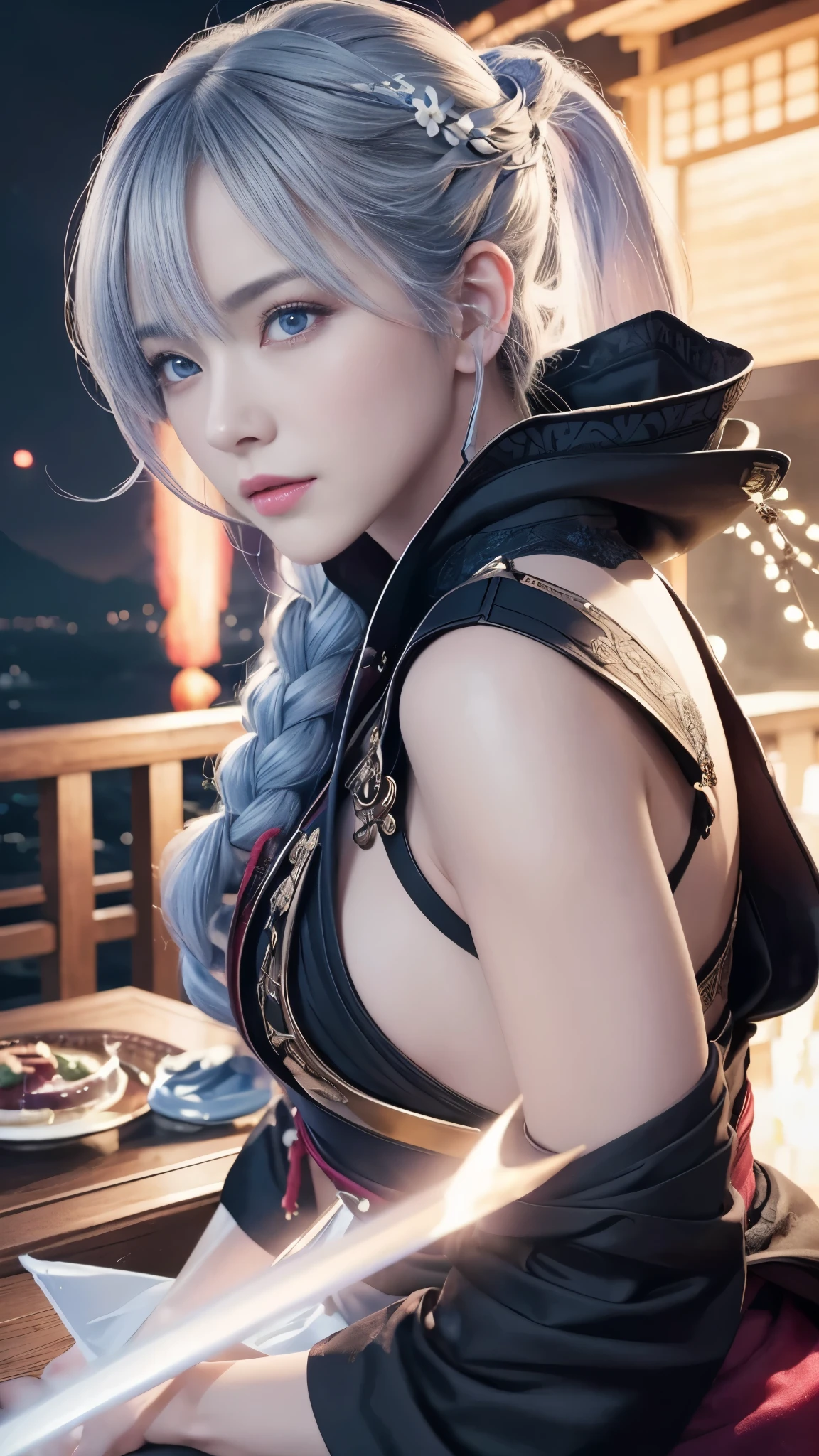 masterpiece, Highest quality、Ultra HD、Ultra-high resolution、8k 、wonderful, (CG illustration、8k )、night, Outdoor,  ancient China, ((2 women)), Mature Woman, Blue and white hair color, Gray blue eyes, Pale pink lips, Indifference, 真swordさ, bangs,Surreal Onmyoji、Unrealistic and dynamic assassin, sword, Facial details, Facial details、purple、red、Effect Effects、Surrounded by a rainbow aura、Raw photo、超A high  resolution  、SLR、Octane Rendering、CGSoation Trend、((Ultra-realistic face details))、Portrait、Sharp