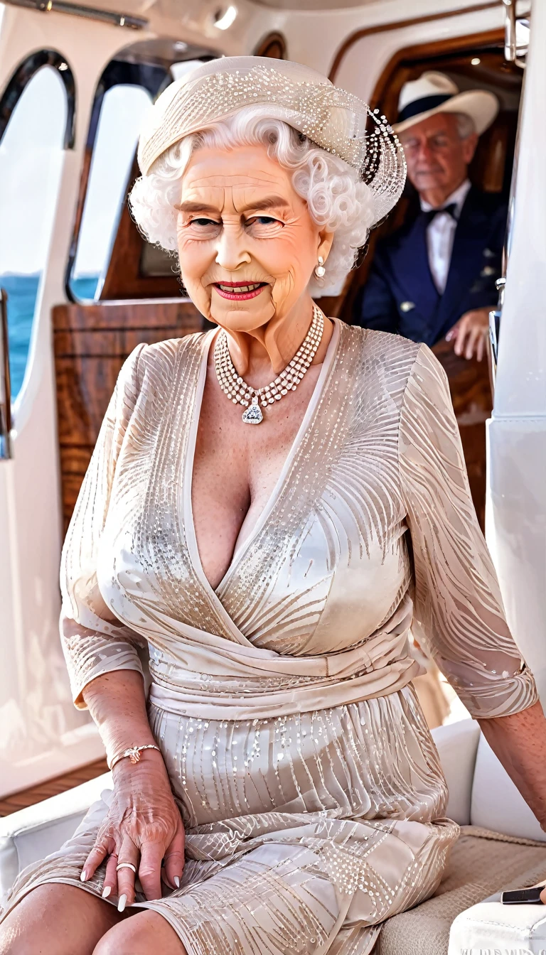 Queen elizabeth 80yo, a lot of wrinkles on her face, (nsfw:1.4), (sitting on a premium yacht), (busty saggy breast:1.4), (Large cleavage:1.2), (transparent western tunic dress:1.4), (from distance belove:1.4)