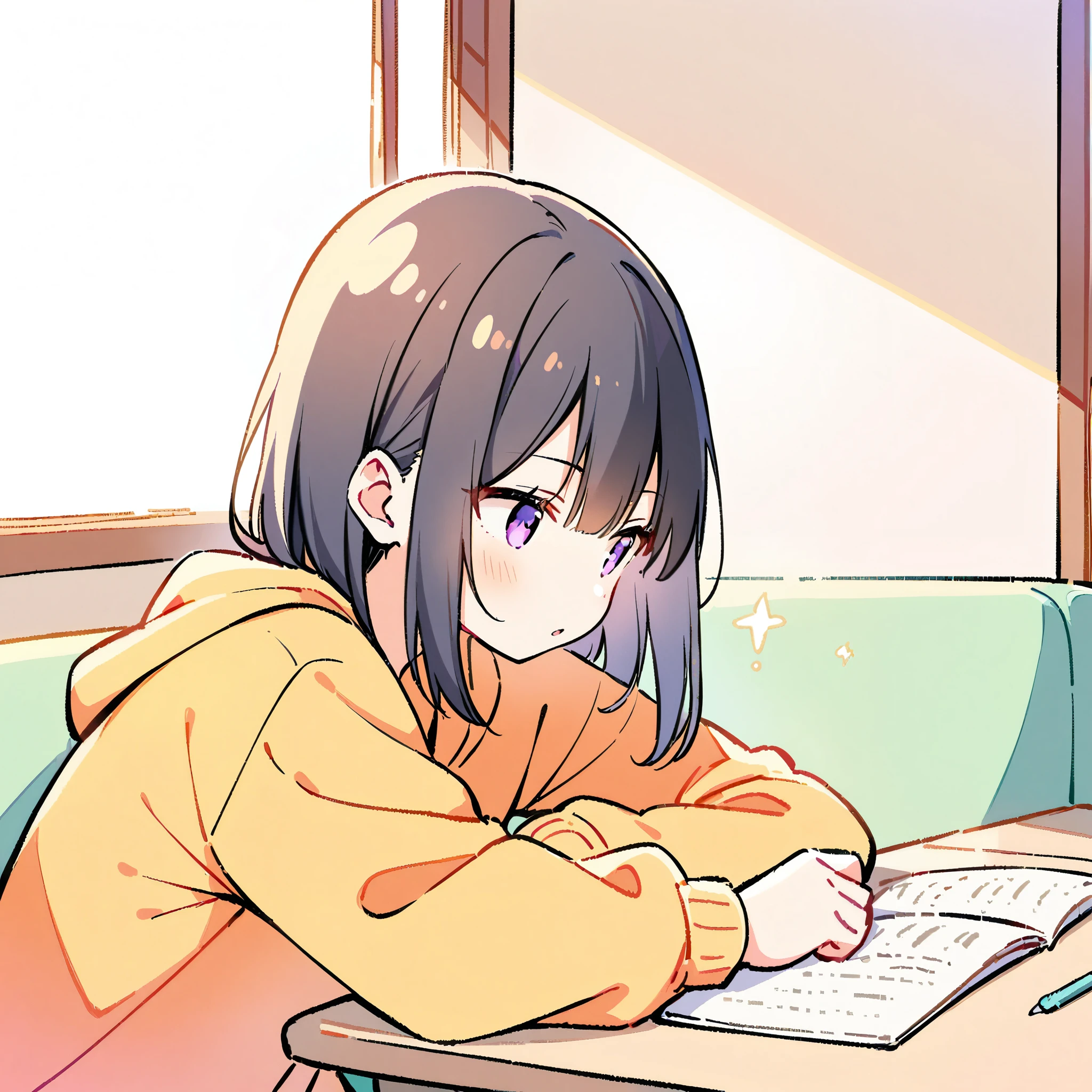 Girl studying、Window、Simple design、
