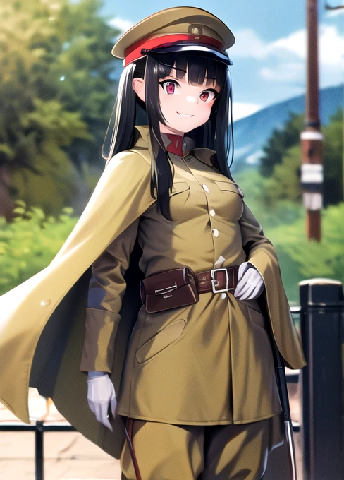 masterpiece, best quality, absurdres, high resolution, extremely detailed, 1girl, solo, cowboy shot, ((IJA Taisho, khaki uniform, IJA officer,)), IJA peaked cap,cloak,black long boots, small breasts, cape narrow waist, black hair, long hair, hime cut, blunt bangs, red eyes, smug, smile, white gloves, holster, khaki pants, leather belt pouch, ruined city, ruined street, on fire, night sky,