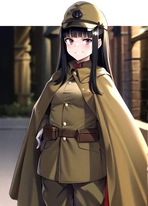 masterpiece, best quality, absurdres, high resolution, extremely detailed, 1girl, solo, cowboy shot, ((IJA Taisho, khaki uniform, IJA officer,)), IJA peaked cap,cloak,black long boots, small breasts, cape narrow waist, black hair, long hair, hime cut, blunt bangs, red eyes, smug, smile, white gloves, holster, khaki pants, leather belt pouch, ruined city, ruined street, on fire, night sky,