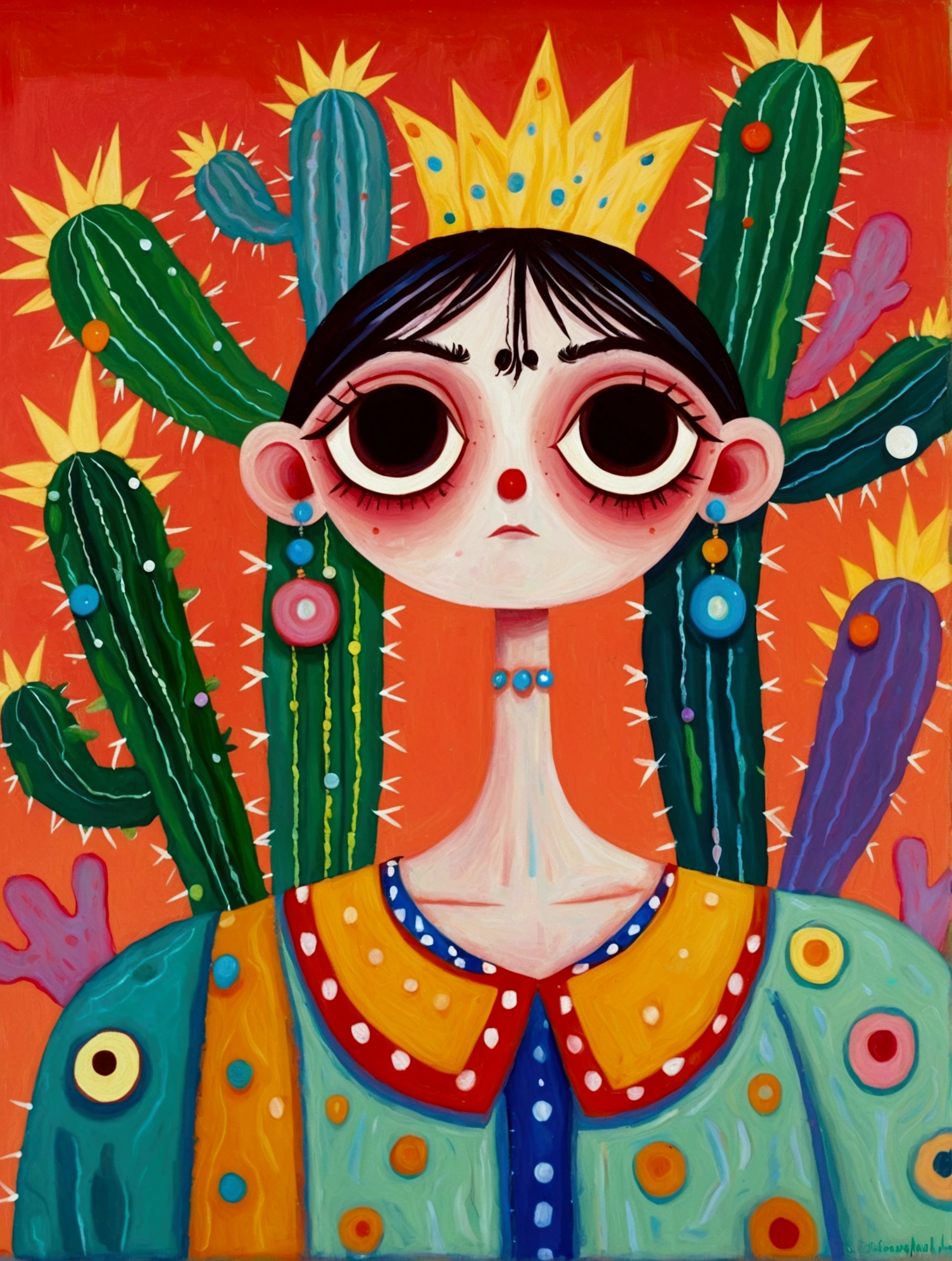 painting of a man with a cactus head and a colorful shirt, anthropomorphic cactus, inspired by Victor Brauner, the non-binary deity of spring, inspired by Ron English, hylics artwork, pop surrealism, a surrealist painting, surreal painting, whimsical surrealism, cactus and pearls over the head, pop - surrealism, neo - impressionist surrealism