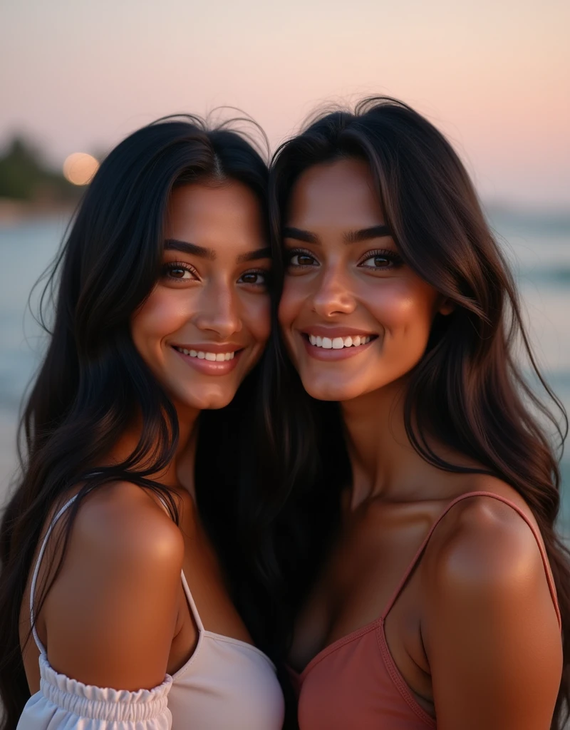 ((Best Quality)), ((masterpiece)), (detailed), Two young Latinas with slender bodies, with imperfect skin are sitting next to each other, smiling warmly at the camera. One has a lot of time, Dark wavy hair that cascades over her shoulders, while one shows off an elegant style, short dark haircut. Their expressions exude joy and camaraderie., Capturing a moment of genuine happiness and friendship.

