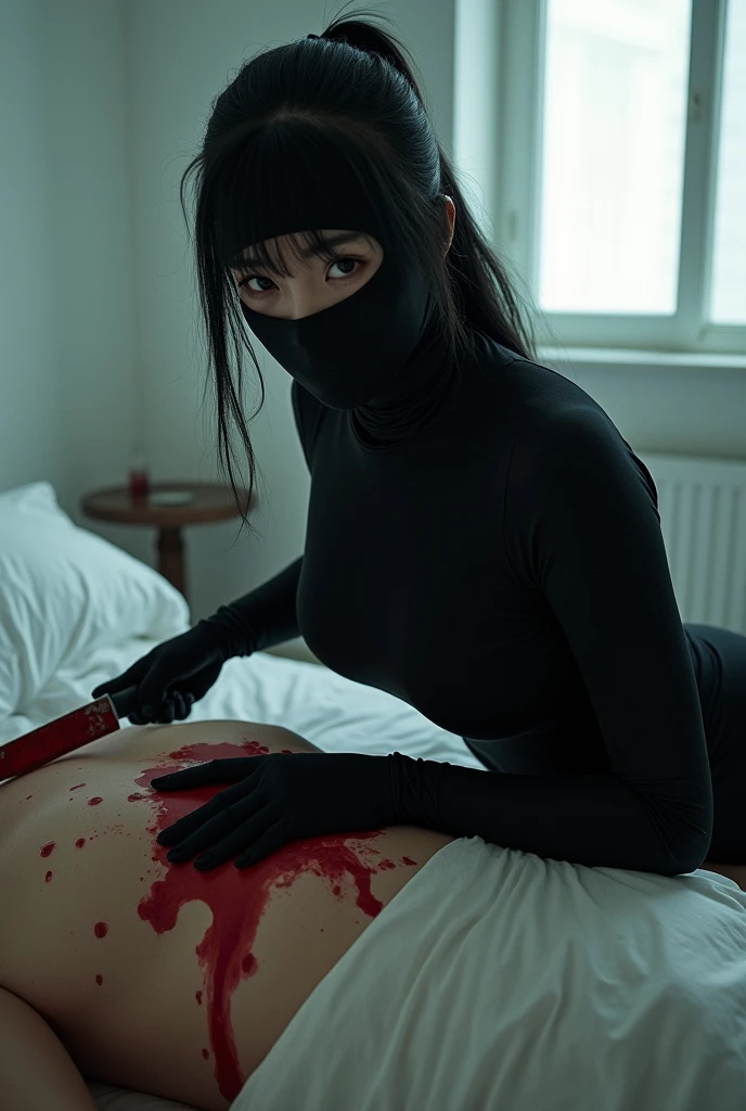 korean girl, (behind corpse, surgical mask), holding knife, stabbing, leather gloves, room full of blood, black trench coat, woman on top, trucker hat, holding knife, black wet suit, leather gloves, behind corpse, blood splatter, ponytail, night, mass murderer, robbery, in the hotel, light from the window
