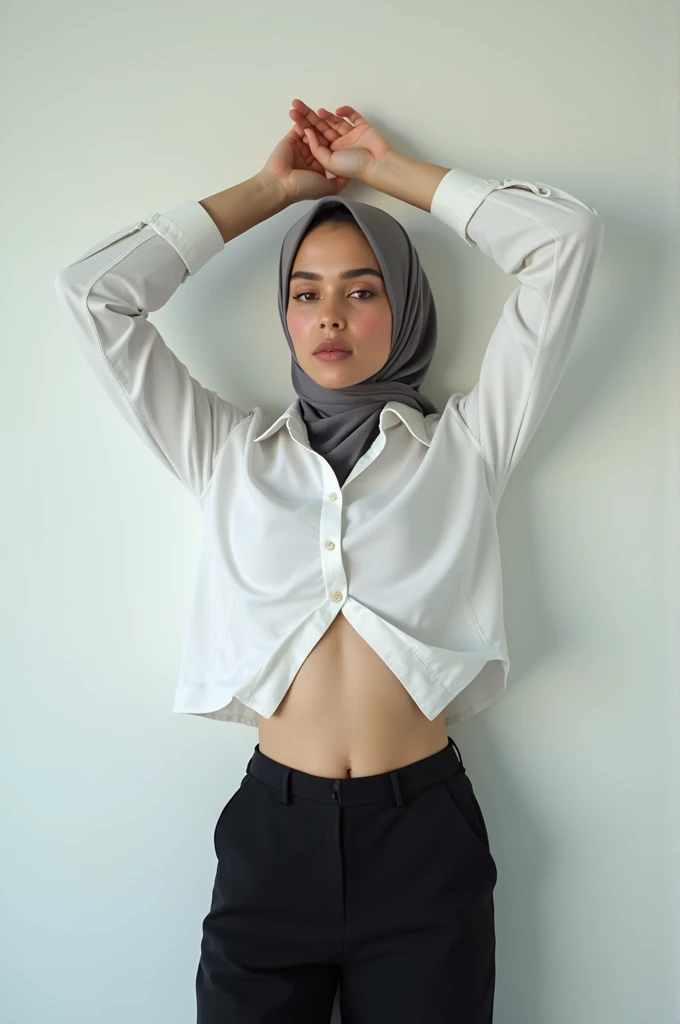woman,((30 years old)), shirt, beautiful face, white skin, soft smile, pants, hijab