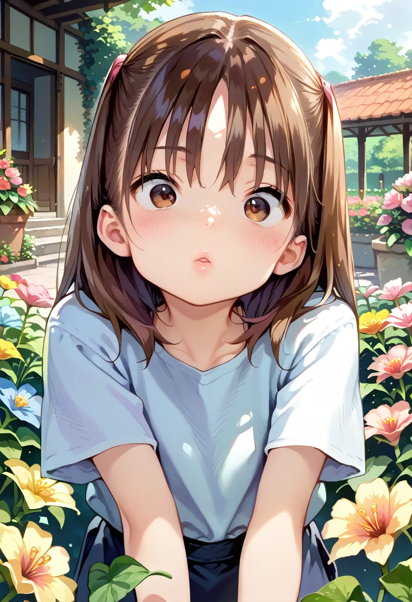 score_9, score_8_up, score_7_up, source_anime, masterpiece, absurdres, perfect face, solo cute expression, perfect face, PonsukeP, 1girl, solo, dark hair, dark brown eyes, bright eyes, split lips, blush, cute, garden, day, flowers.  