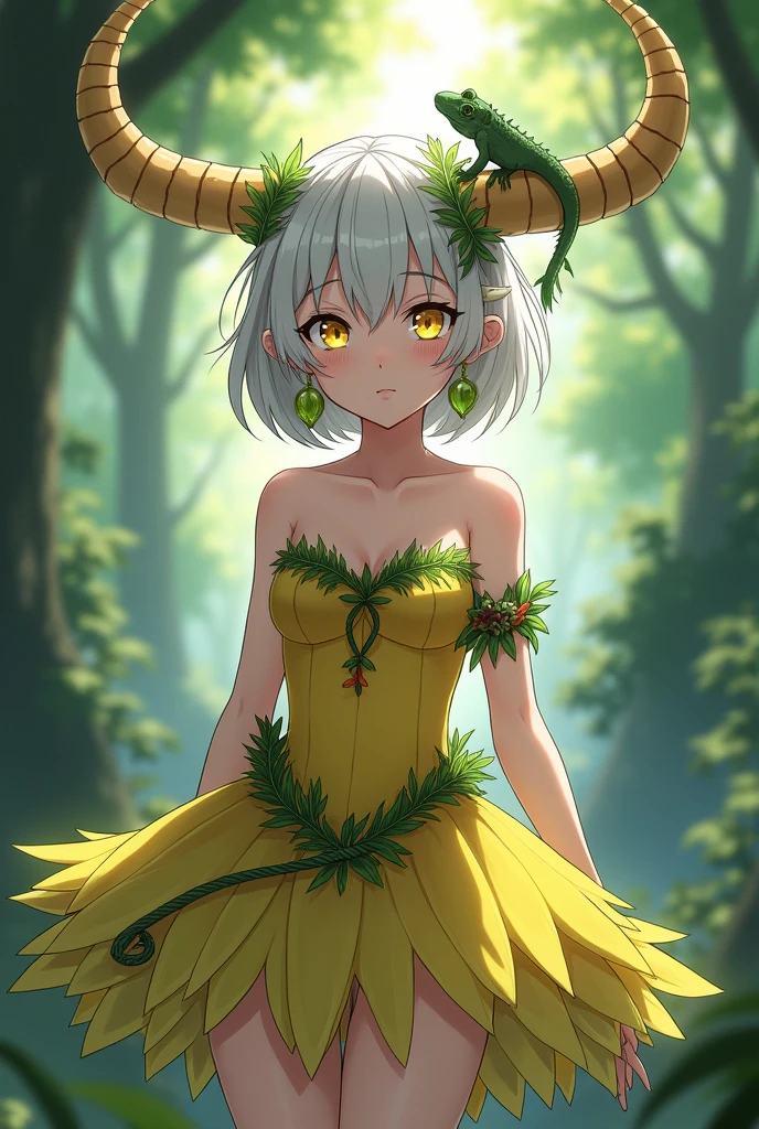 1girl, solo, yuzuv2, yuzu dress, hair ornament, yuzu ears, jewelry, outside, forest, walking, best quality, high quality, smile,  <lora:Yuzu-000004:1.0>