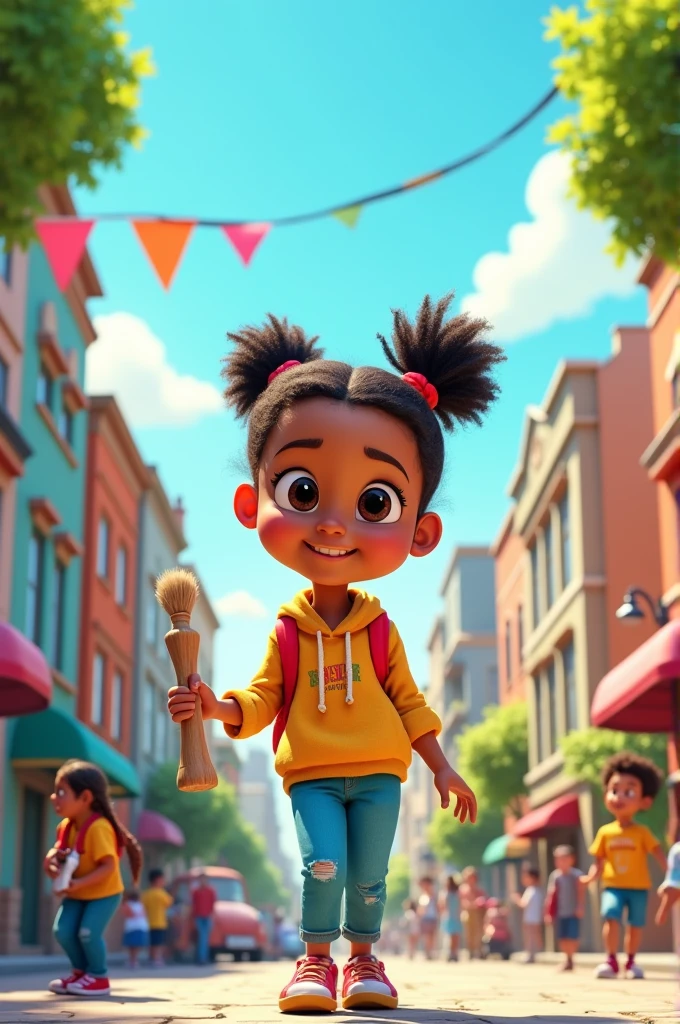 a little girl named Luísa dressed in the Flamengo uniform sitting on the shoulders of her father named José also dressed as Flamengo in the Maracanã stands in realistic Disney pixar style with vibrant colors