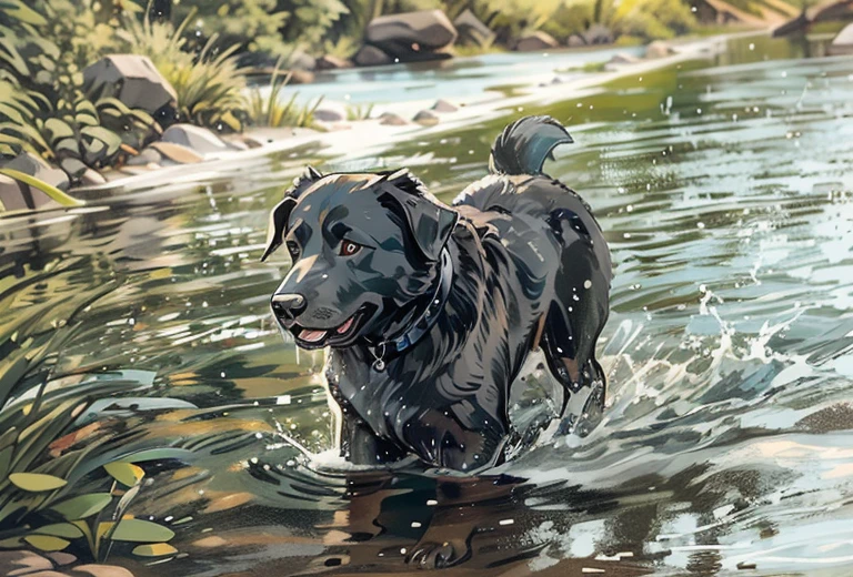 there is a black dog that is standing in the water, dog, at the waterside, black dog, a handsome, in a pond, in the water, a dog, river in front of him, the photo shows a large, labrador, playing with the water, emerging from the water, wet fur, handsome, nice face
