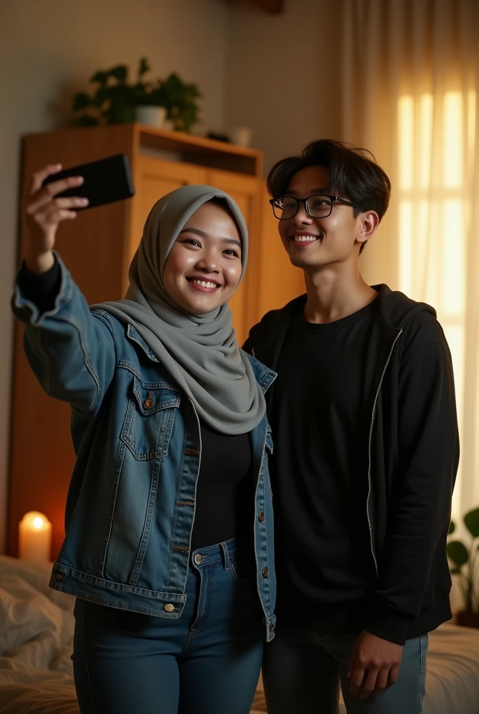 A male Korean artist is taking a selfie with a girl wearing a hijab.