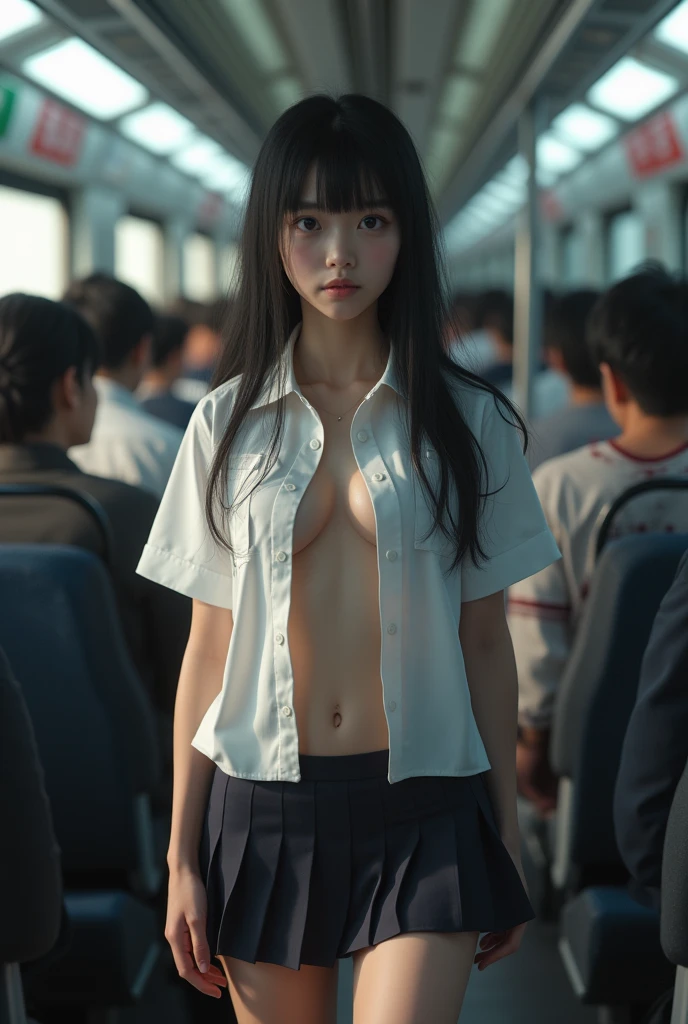 RAW photography, tmasterpiece, Sleepy, Petite, A very young Japanese woman without a bra, no panty, with a school bag, naked in a subway car among a crowd of adult girls during rush hour, Maximum possible anatomical realism, As much detail as possible, Absolute photorealism