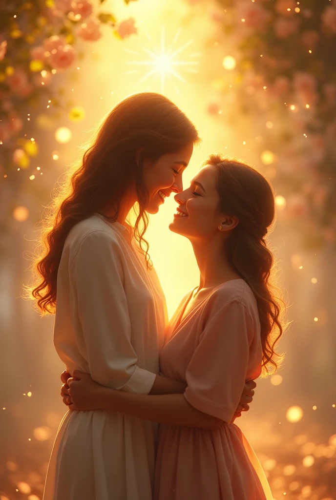 (photorealism:1.2), 2 beautiful woman taking to each other as is showing a magical projection of a handsome man to another girl, by Greg Rutkowski, by Alphonse Mucha