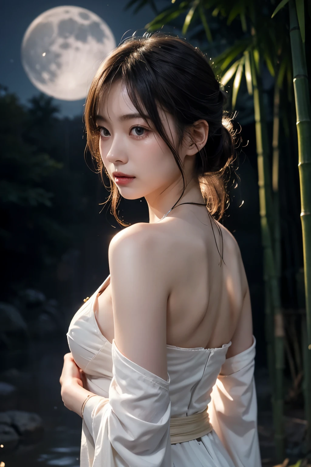 realistic, photogenic, very dark night, bamboo forest under the moonlight, moon is reflected on the hot spring, large steam is rising around, wearing only white tube-top style "sarashi" Japanese under-kimono, exposed nape/shoulder/chest, moon is shining small high above, extremely brightly lit by moonlight, beautiful long black hair, hair is blowing in the wind, hair is shaggy and dishevelled, beautiful white translucent skin, slendar figure, no makeup, sad expression, tears in her eyes, hands on chest to hide chest, shot from her back side