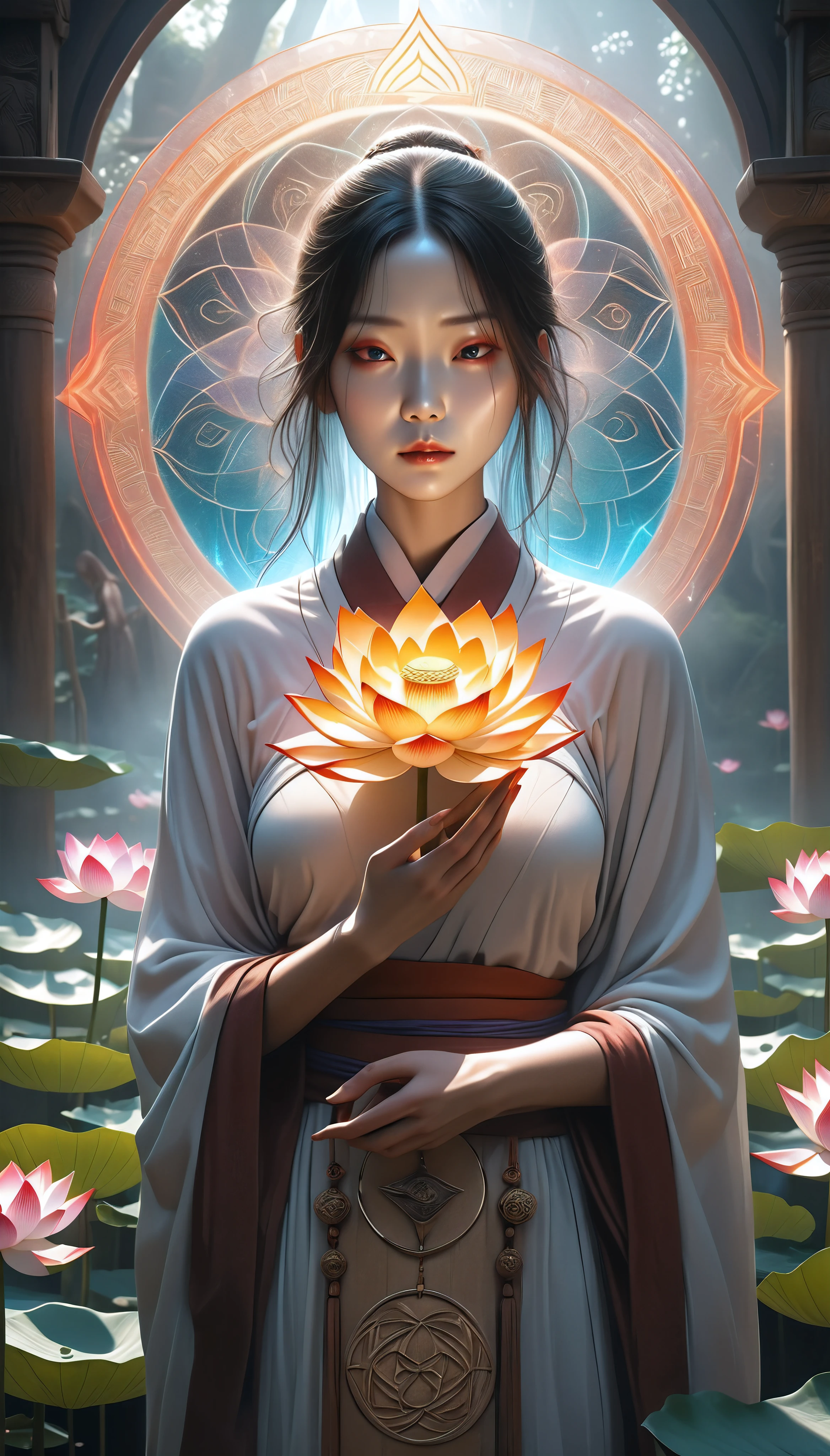 a horrific hungry ghost and a beautiful lotus flower in an aesthetic fusion, a scene of purification illuminated by pure light, a contrast between an attractive female monk and a horrific hungry ghost portrayed artistically in fantastic art, (best quality,4k,8k,highres,masterpiece:1.2),ultra-detailed,(realistic,photorealistic,photo-realistic:1.37),fantasy,highly detailed,intricate,dramatic lighting,vibrant colors,cinematic composition,mystical,spiritual,sacred geometry,ethereal,glowing,divine,serene,sublime,lush flora,dramatic shadows,atmospheric,evocative,meditative,transcendent