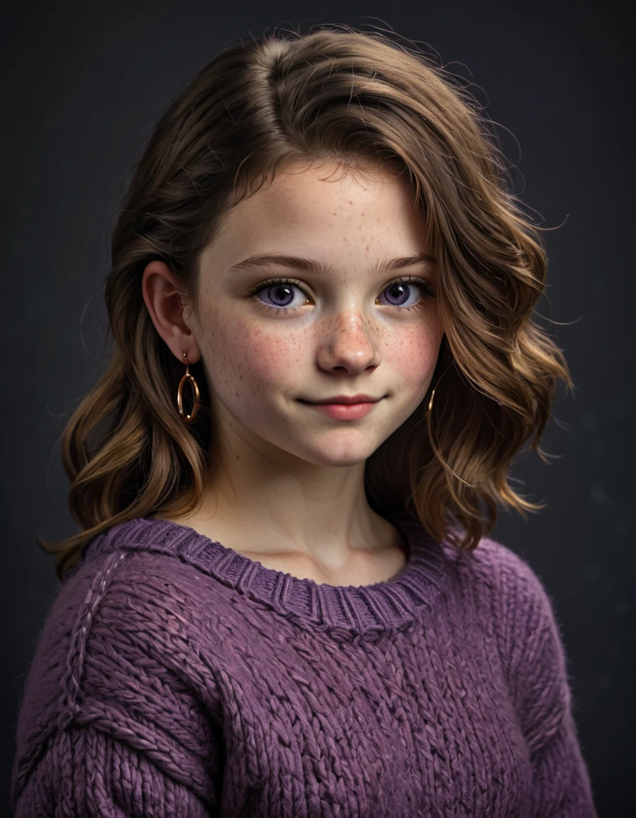 portrait, studio quality, 2 DEN_emily_bloomMK2 posing for college photoshoot, shy smirk,  dark grey expressive eyes,  small freckles, purple knitted wool sweater, hoop earrings, expressive_h,  porcelain natural skin texture,  dark background, soft lighting from below