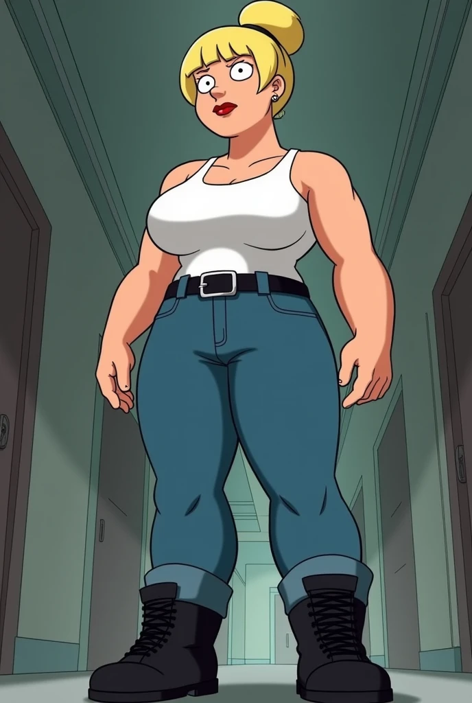 Dragon ball GT, bulma, 1girl, solo, looking at viewer, bowl cut, very short hair, blue eyes, holding, jewelry, upper body, earrings, hair, sleeveless, indoors, bracelet, watch, hoop earrings, brazilian shirt, smoking, wristwatch, lighting cigarette, (huge breasts 1.3), curvy hips, full body