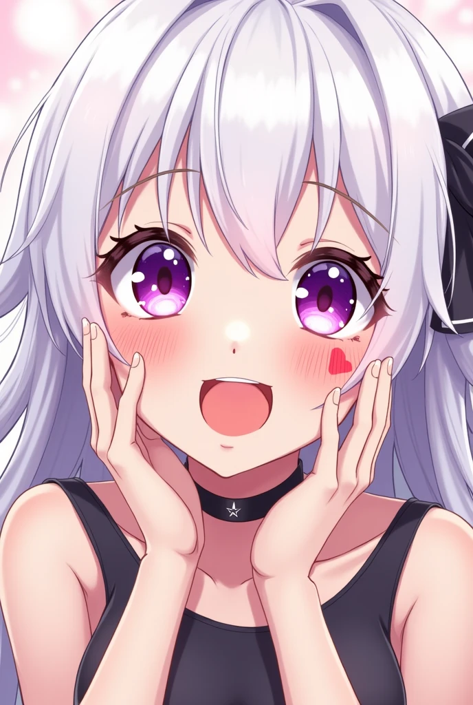 Anime girl with purple hair and stars on her head, ahegao, anime moe art style, with glowing purple eyes, purple eyes and white dress, lavender eyes, ahegao face, Soft anime illustration, with huge luminous sad eyes, cute anime face, Anime style. 8K, Kawaii realistic portrait, style of anime4 K, anime art style, pretty anime girl