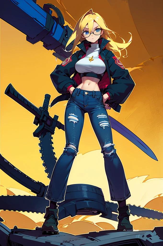 1girl, breasts, blue eyes, blonde hair, large breasts, holding, jacket, weapon, glasses, midriff, pants, crop top, torn clothes, denim, ground vehicle, motor vehicle, jeans, torn pants, chainsaw, torn jeans, standing, full body