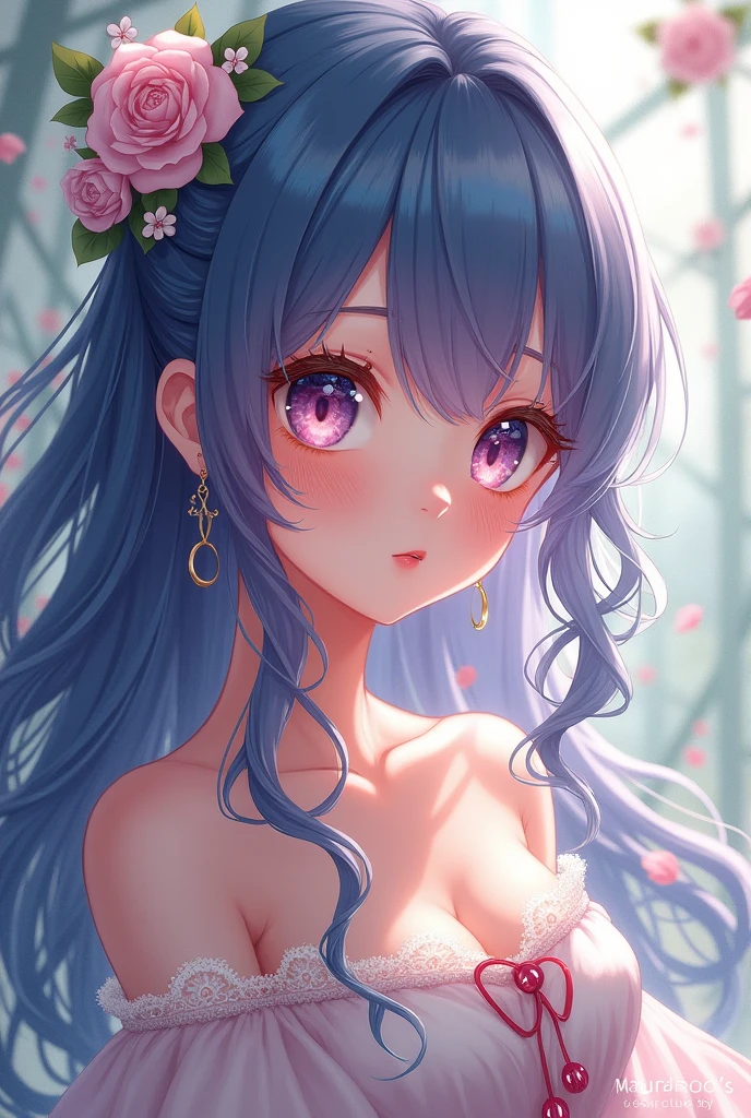 1girl, beautiful face, purple hair, flowers, blurry, hands pulling hair, dark background