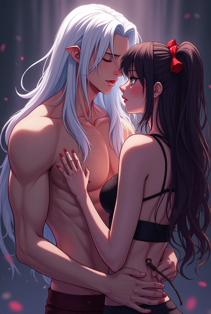 (masterpiece), best quality, ultra high res, sharp focus, ((1 man, 1 woman, couple)), upper body, medium close up, dutch angle, embraces each other closely, (at the beautiful night time:1.2), in the romantic balcony, look at each other, smiles to each other

Sephiroth, male, silver white hair, long hair, (perfect muscular body, perfect masculine face:1.2), ((perfect shape eyes, green cat eyes))

female, chestnut brown hair, short hair, (perfect feminine face, perfect hourglass body:1.2), ((perfect shape eyes, green eyes))