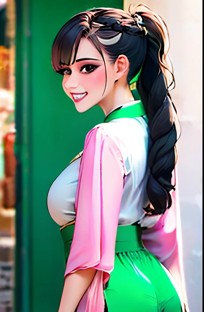 ((1girl)),((building)), braided bangs,braided ponytail,(solo:1.2), black hair, 16yo,looking at viewer, sunlight,hanfu, chengqiang, 