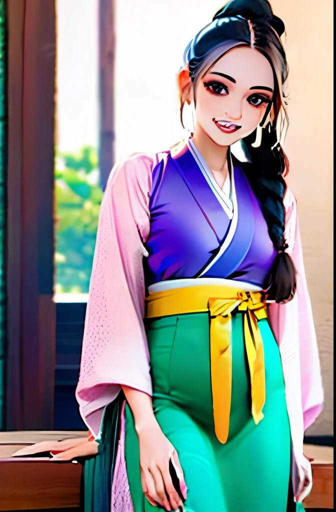 ((1girl)),((building)), braided bangs,braided ponytail,(solo:1.2), black hair, 16yo,looking at viewer, sunlight,hanfu, chengqiang, 