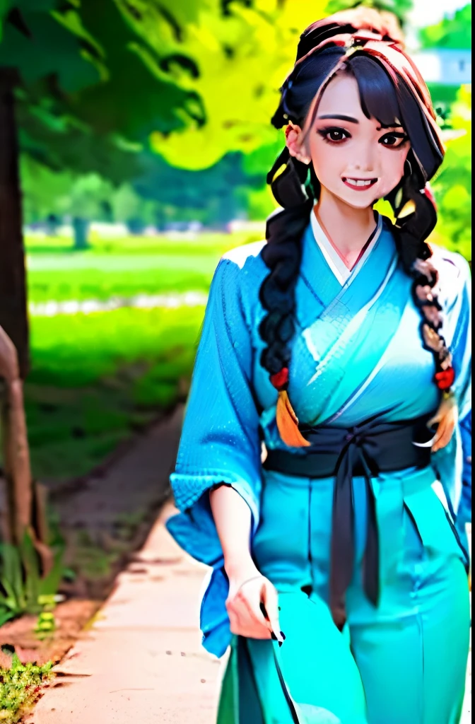 ((1girl)),((building)), braided bangs,braided ponytail,(solo:1.2), black hair, 16yo,looking at viewer, sunlight,hanfu, chengqiang, 