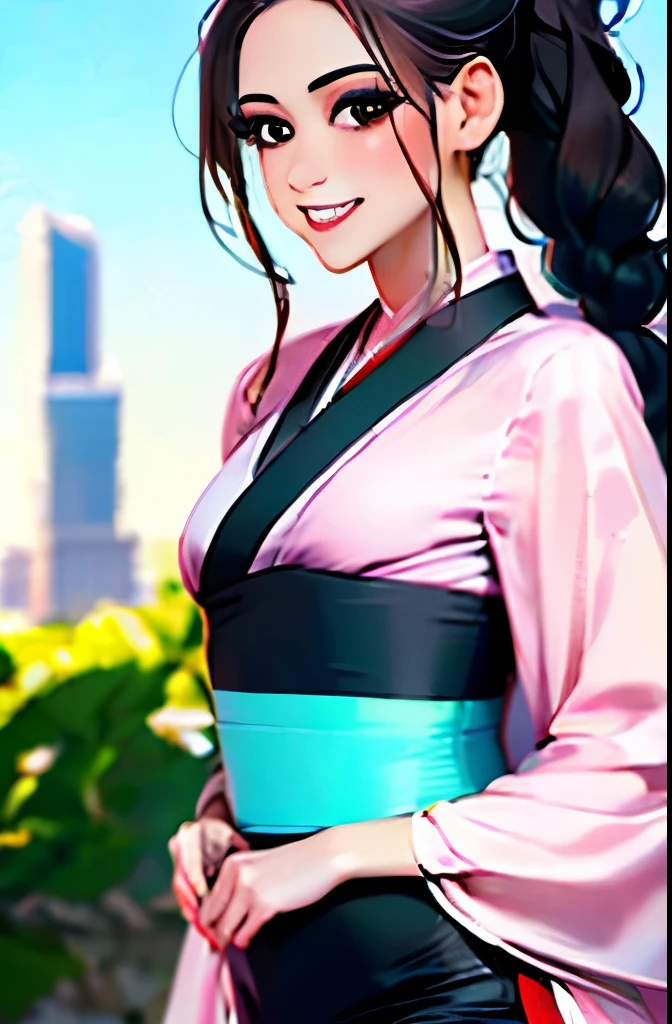 ((1girl)),((building)), braided bangs,braided ponytail,(solo:1.2), black hair, 16yo,looking at viewer, sunlight,hanfu, chengqiang, 